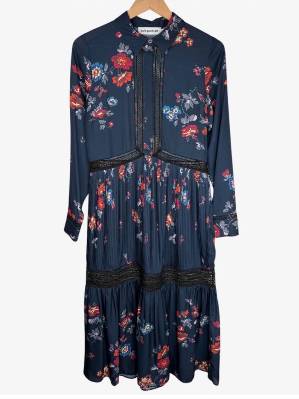 Self Portrait Navy Floral Long-Sleeve Midi Dress VGUC - Picture 2 of 11